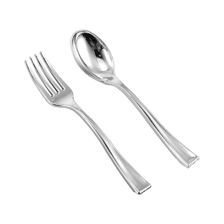 Smarty Had A Party Silver Disposable Plastic Mini Flatware Set - Dessert Spoons and Dessert Forks (960 Guests), 1920PK 790-SVCS-CASE